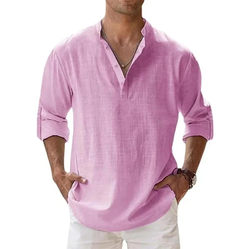 Men\'s Cotton Linen Henley Long Sleeve Shirt Casual Beach T-shirt Tee Summer Gift