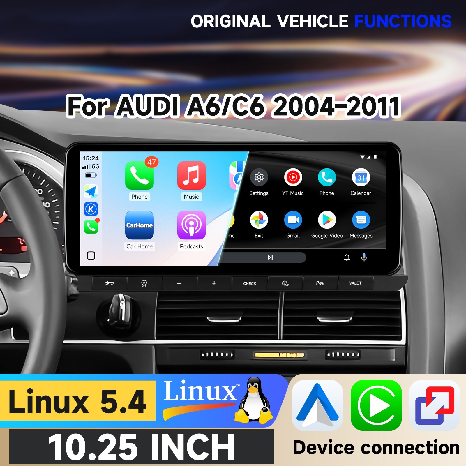For Audi A6 C6 2004-2011 CarPlay linux5.4 system 10.25