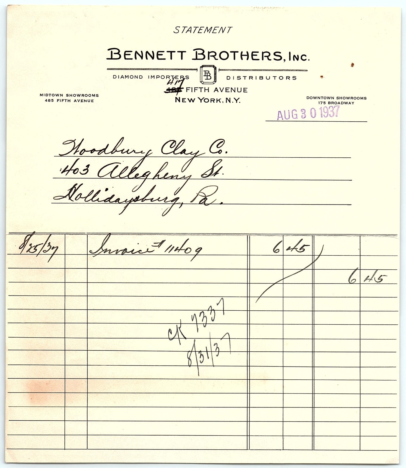 1937 Bennett Brothers Diamond Importers NY billhead