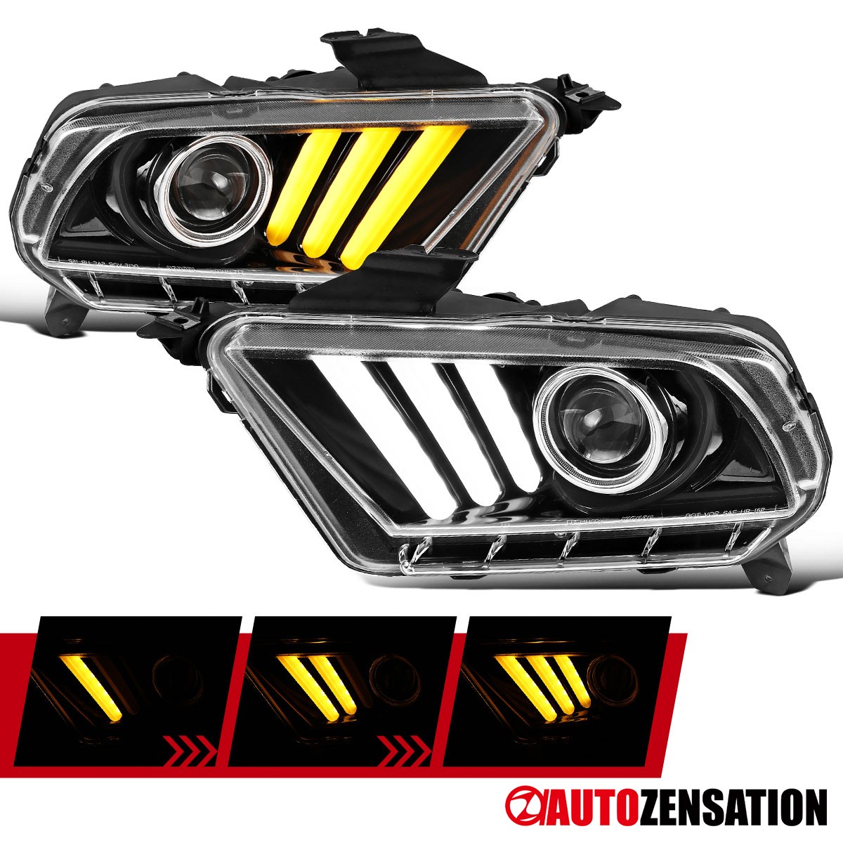 Fit 2010-2014 Ford Mustang GT Slick Black Projector Headlights LED Sequential