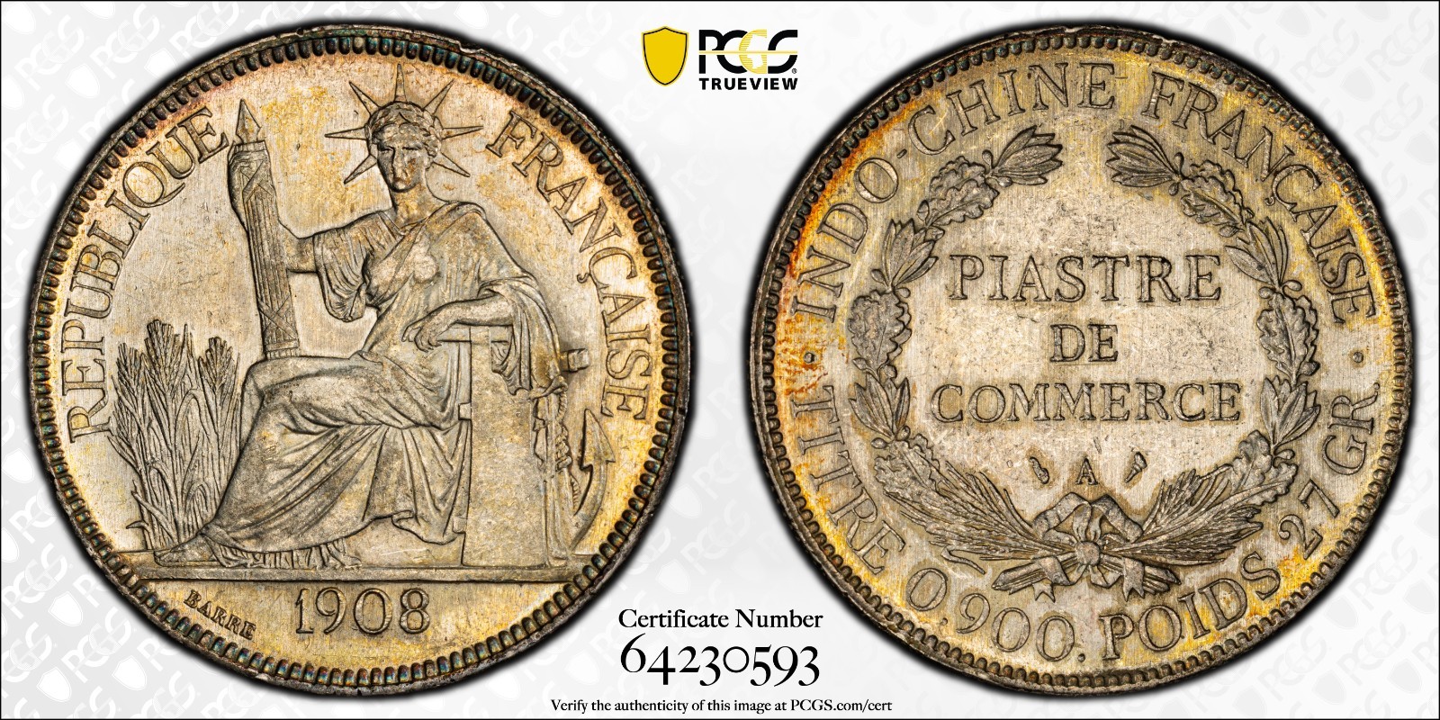 1908 French Indo China One Piastre Silver Coin PCGS AU58 RARE