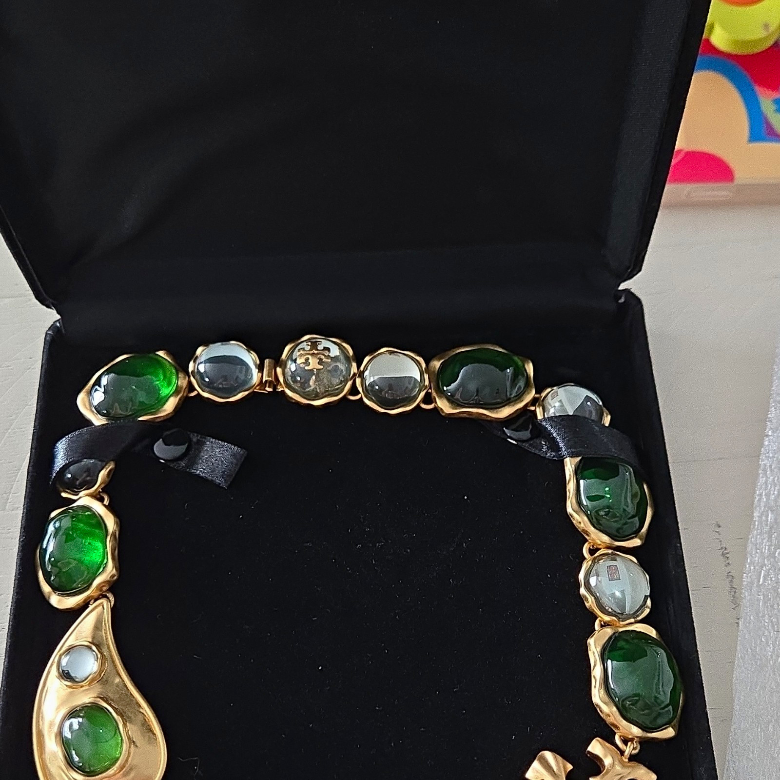 Tory Burch Green Crystal Gold Tone Logo Statement Necklace