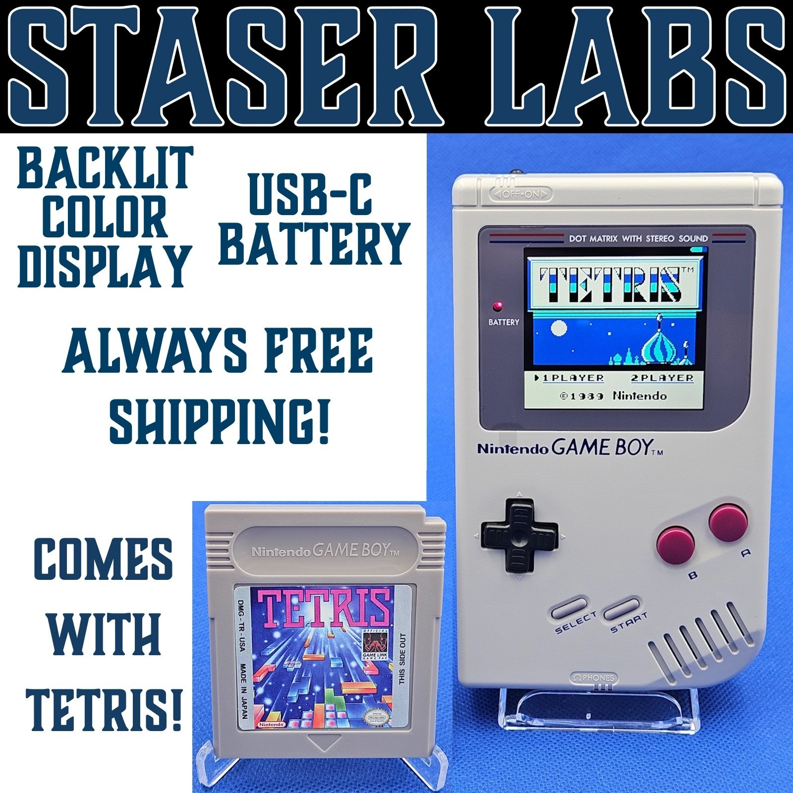 Nintendo Game Boy DMG-01 Custom Q5 IPS Display USB-C Battery + Tetris