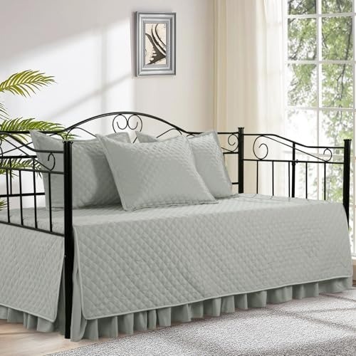 Elegant 5-Piece Daybed Cover Set with Diamond Stitching - Light Grey Luxury