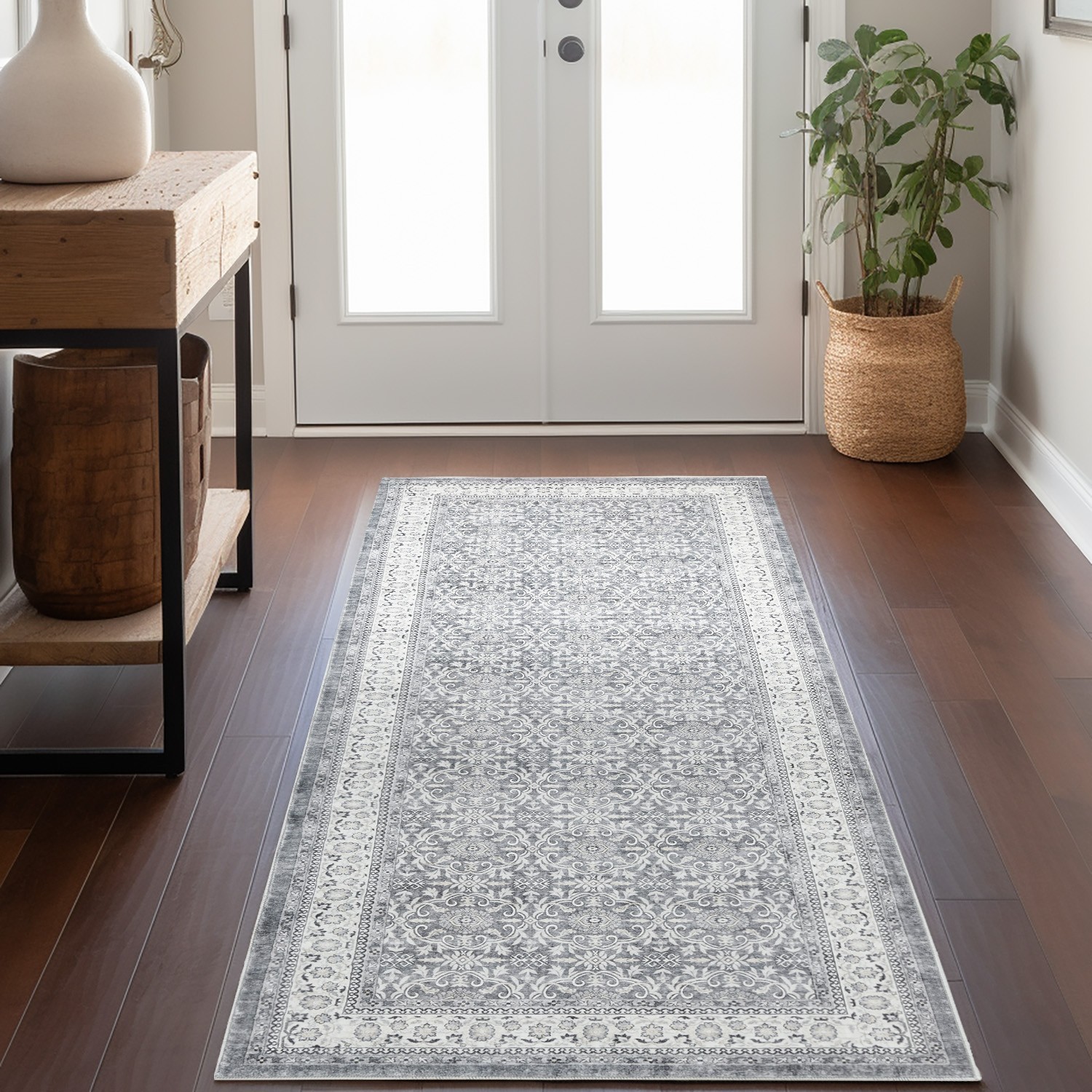 3x8 Vintage Distressed Runner Rug Washable Non-Slip Hallway Indoor Gray