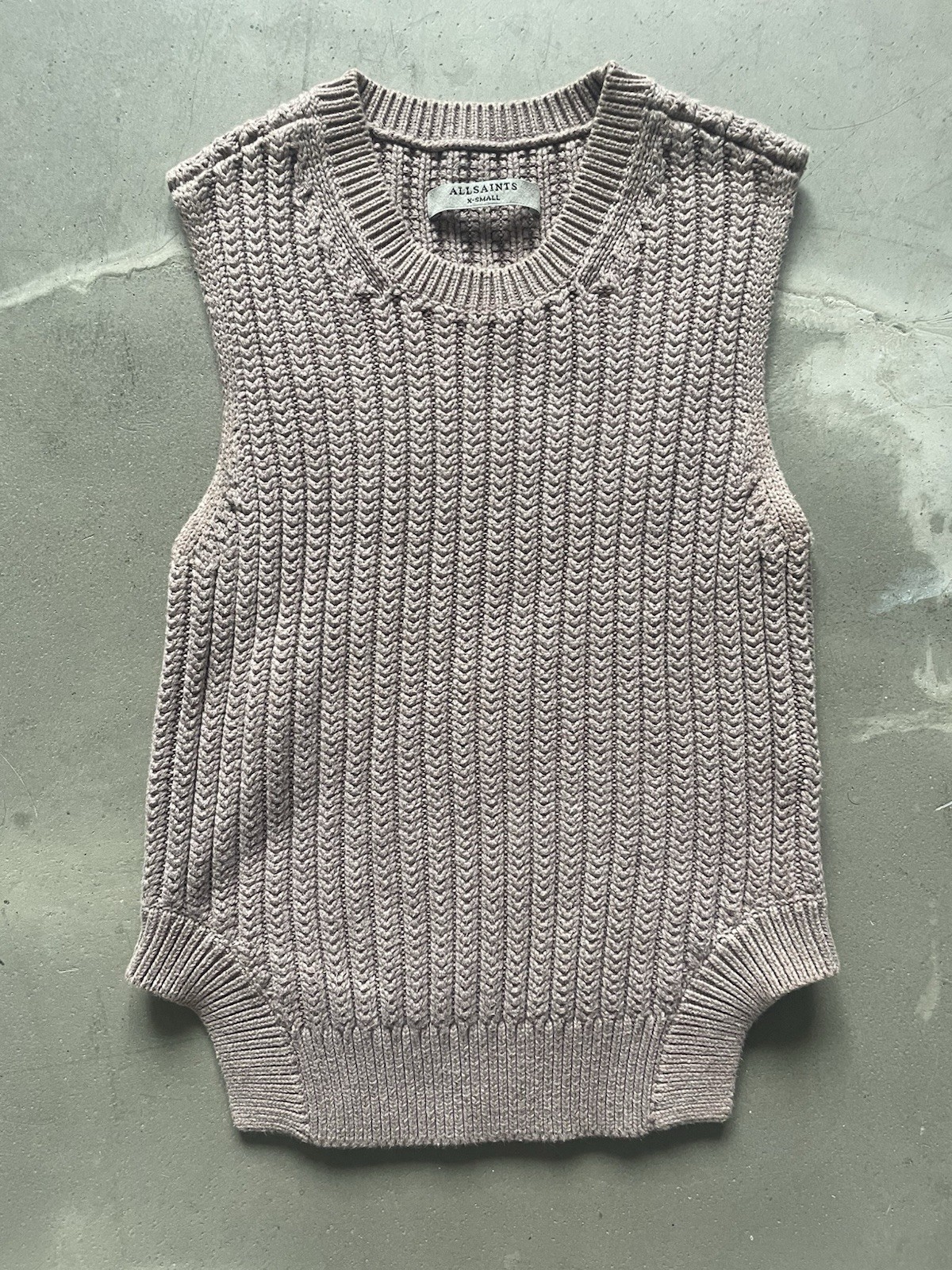 AllSaints XS Sleeveless Sweater Fitted Jumper Soft Pink Mauve Ribbed AllSaints XS Sleeveless Sweater Fitted Jumper Soft Pink Mauve Ribbed