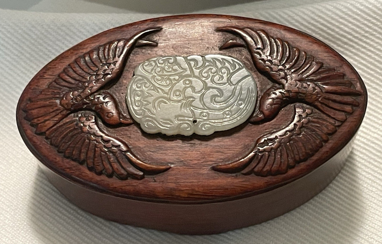 Antique Chinese Phoenix Box with Clear White Jade Plaque c 19th C