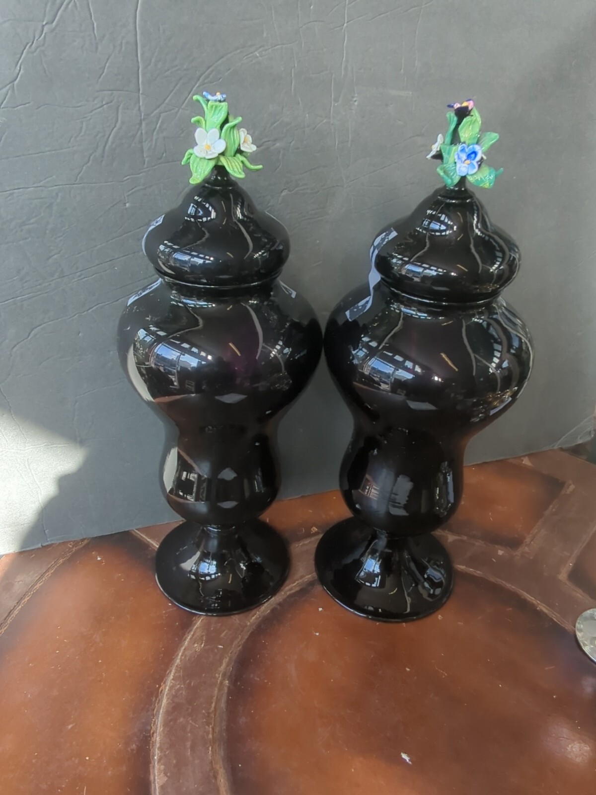 Pair rare Antique Venetian Glass apothecary Jar Urn W/Applied Flowers Lid Finial