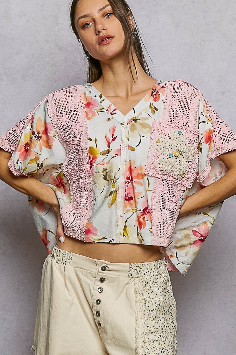 POL Clothing Oversized Floral Printed Crochet Lace Top in Pink Ivory