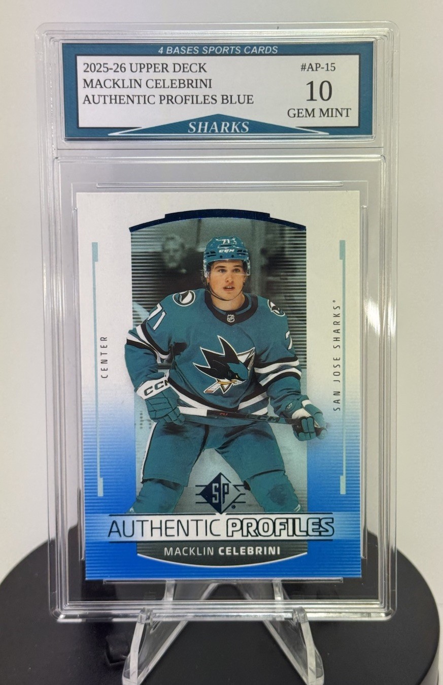 2025-26 UD Macklin Celebrini SP Authentic Profiles Blue #AP-15 2025-26 UD Macklin Celebrini SP Authentic Profiles Blue #AP-15