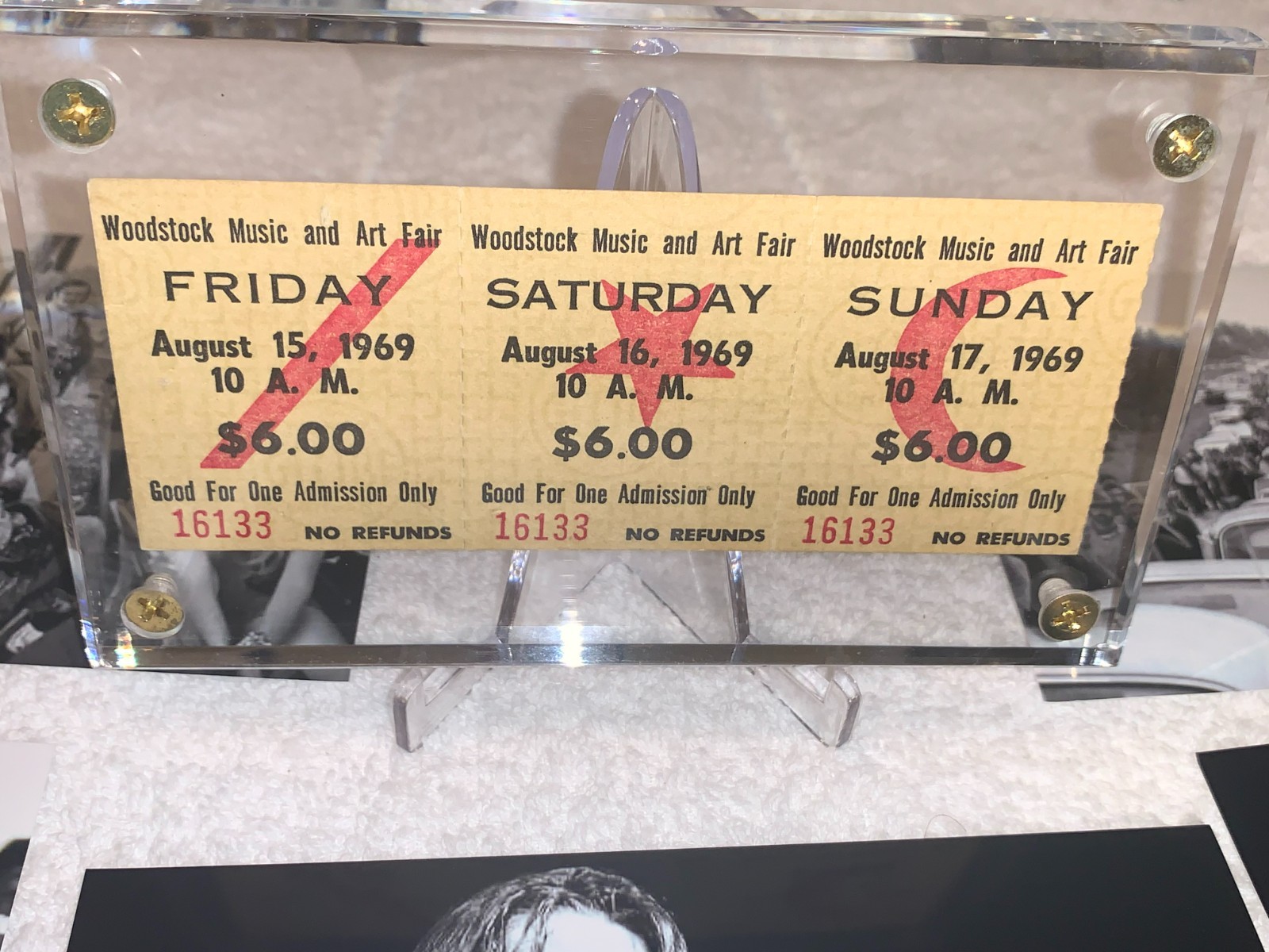 WOODSTOCK 1969 ORIGINAL ADV 3 DAY TICKETS JIMI HENDRIX JANIS JOPLIN LUCITE CASE