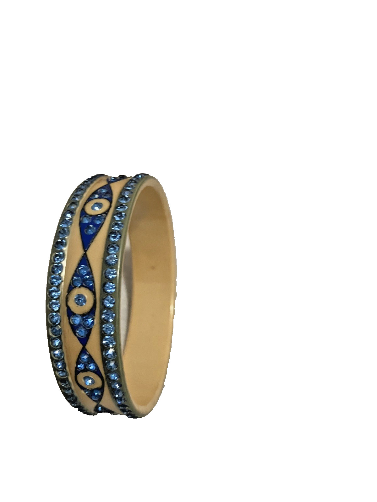 Circa 1920s Bangle Celluloid Sparkle Bracelet-Cream with Blue Diamonds. Circa 1920s Bangle Celluloid Sparkle Bracelet-Cream with Blue Diamonds.