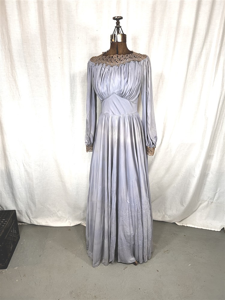 antique dress 1930-40 blue rayon jersey long bridal buttons empire waist bust 36