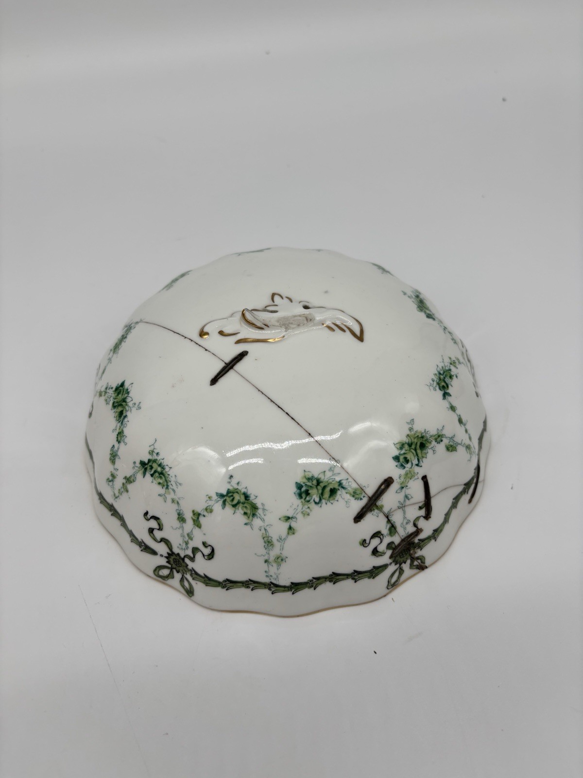 Antique Royal Crown Derby Porcelain Lid Green Floral Gold Staple Repair 6.25”