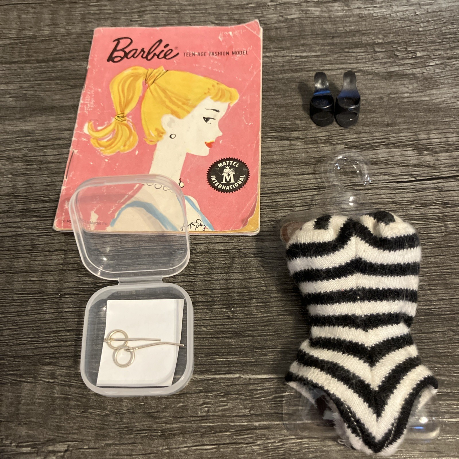 Vintage Ponytail Barbie Doll Swimsuit Shoes Silver Tone Hoop Earrings 1960s