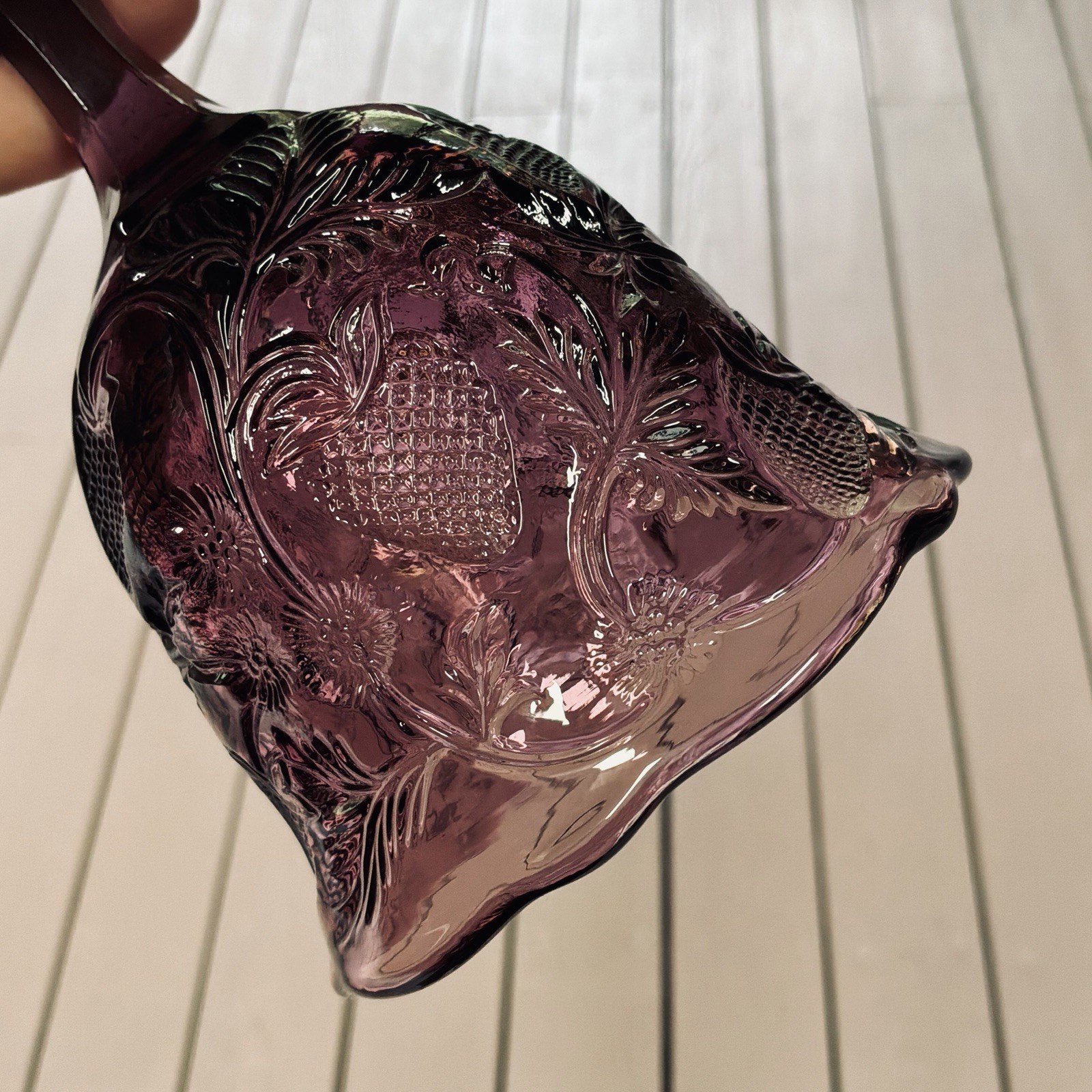 Vintage 1980s Fenton Glass Amethyst Purple Bell with Inverted Strawberry Pattern