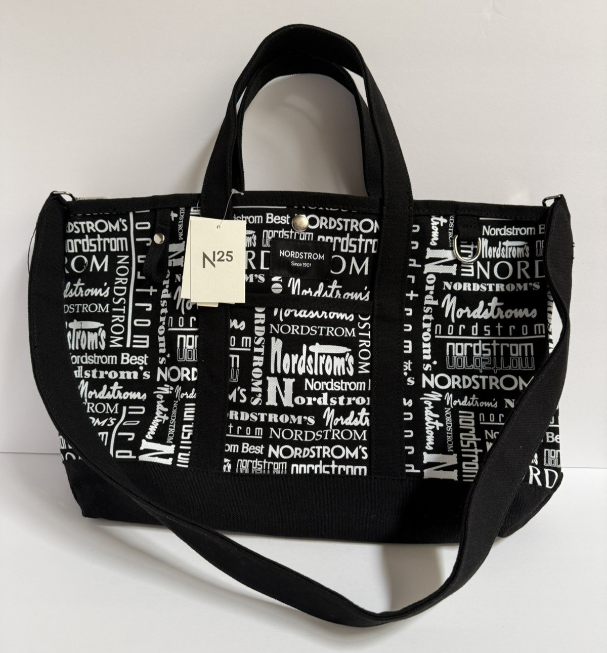 Nordstrom 125 Year Anniversary Black Canvas Logo Tote Bag Crossbody Strap NWT
