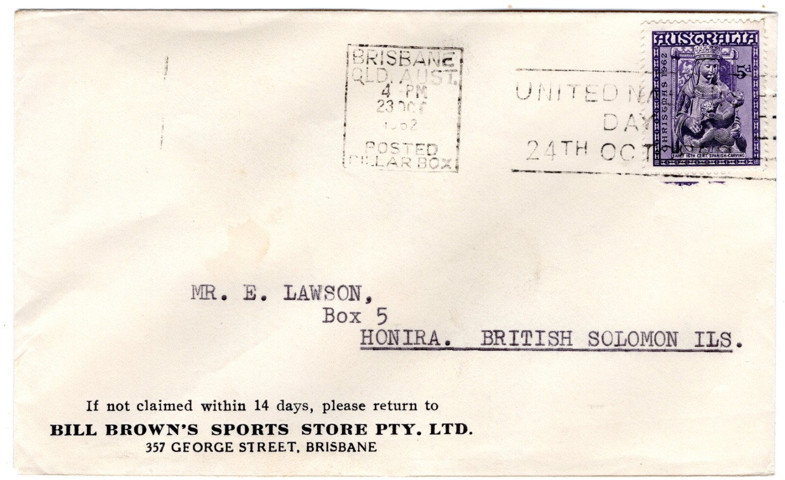 1962 Ot 23rd. Advertising Cover. Bill Brown’s Sports Store, Brisbane.