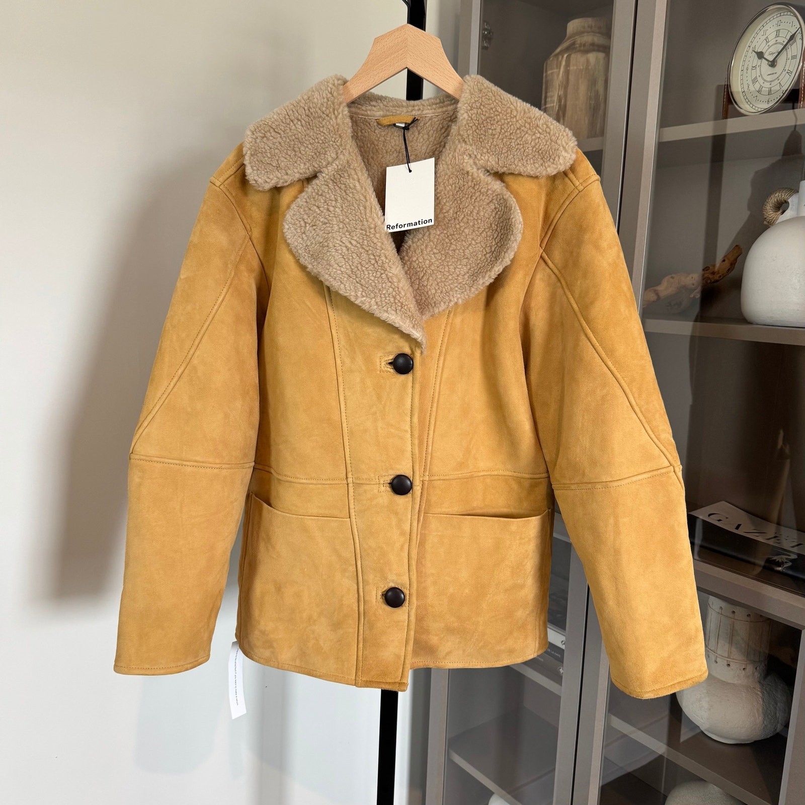 Reformation Veda Luca Suede Shearling Collar Parmesan Suede Coat S NEW Jacket