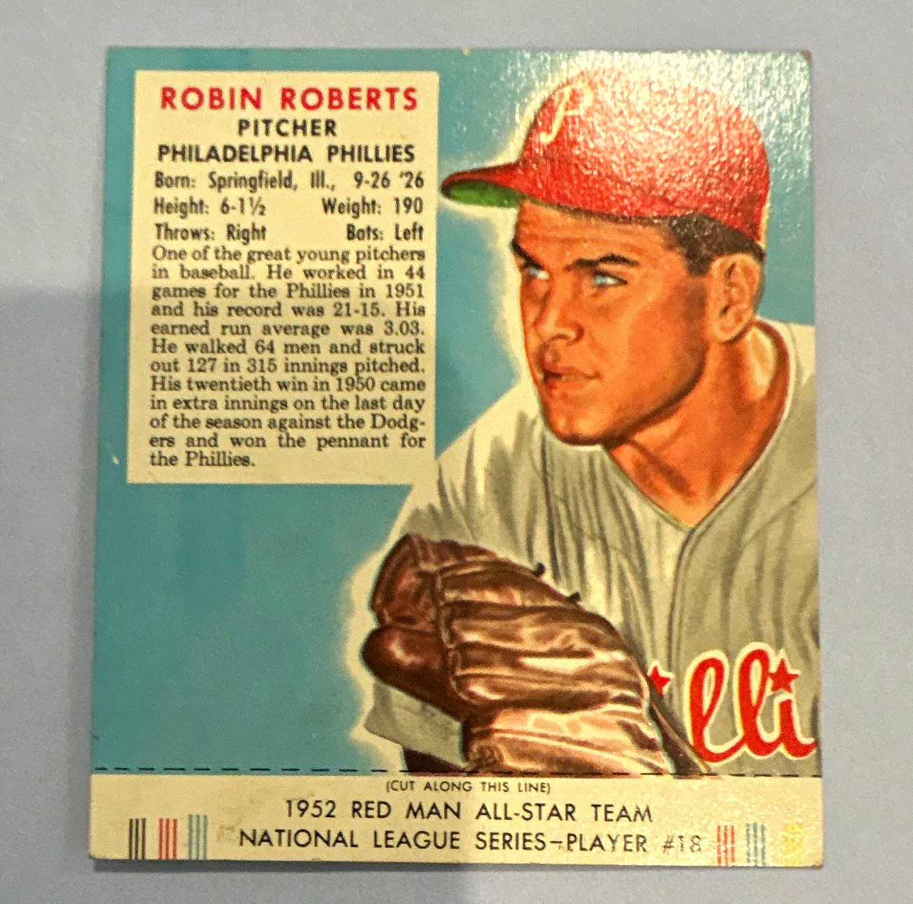 Red Man 1952 All-Star Team NL Series Robin Roberts #18 Phillies Expires 3/31/53