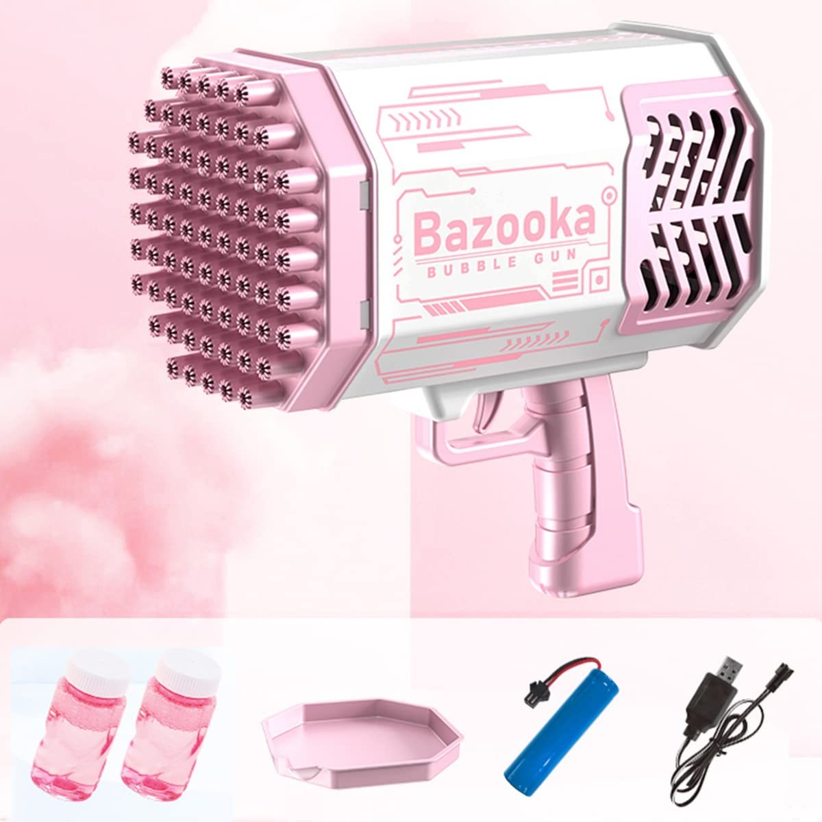 69 Holes Bubble Gun Bazooka Rocket Bubble Machine LED Rechargeable Kids Toy Pink