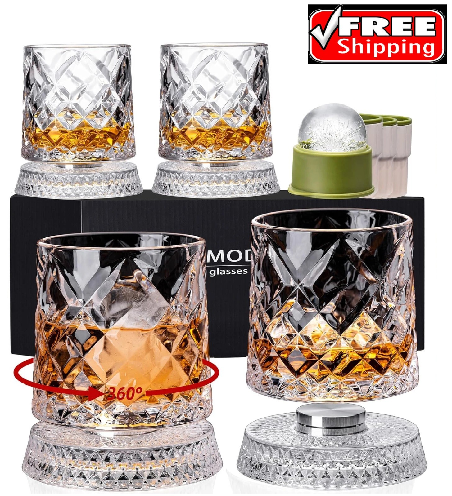 Spinning Whiskey Glasses Set of 4 with Iceball Molds, 9.5Oz Lead-Free Rotatable