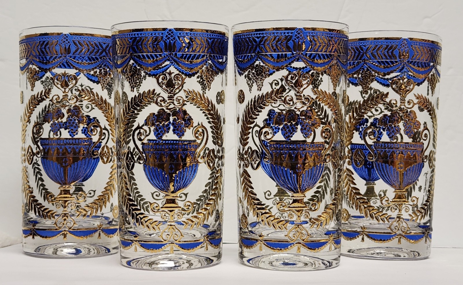 Georges Briard Neoclassic Laurel Leaf Urn Blue & 22K Gold Highball Glasses (4)
