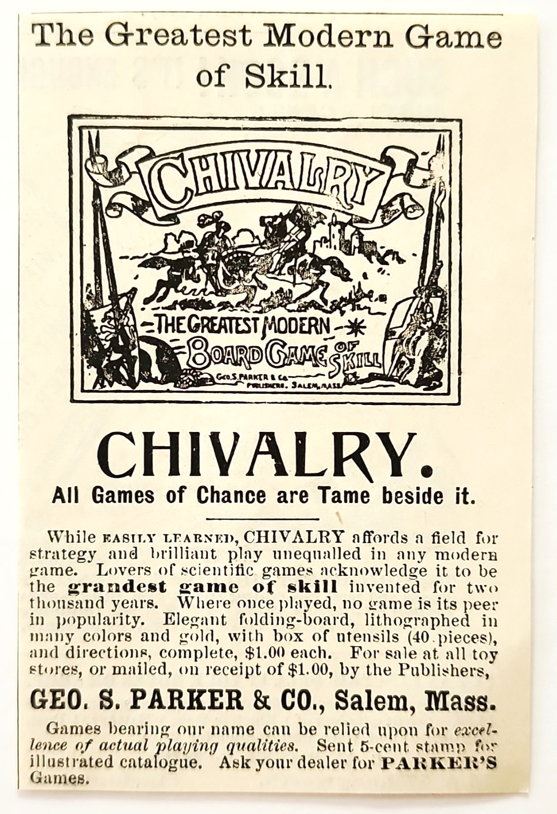 1888 Chivalry Board Game Of Skill Advertisement Victorian George Parker Salem