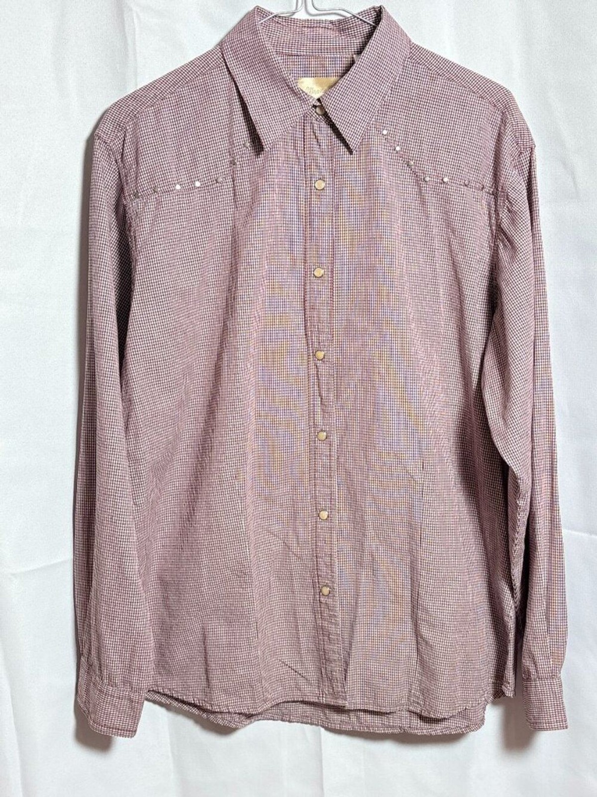 Vintage Wrangler Pearl Snap Western Shirt Burgundy Gingham Studded Size Large