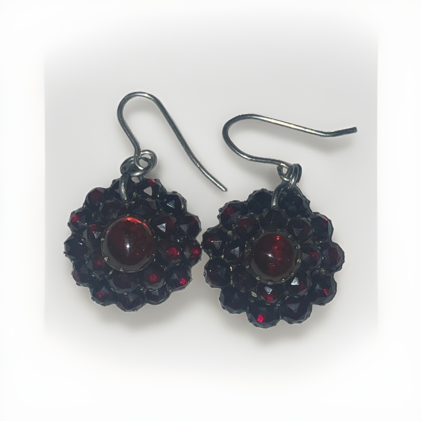 RARE Antique Bohemian Garnet Gold Gilt Earrings- Rose Cut, Sterling Hooks