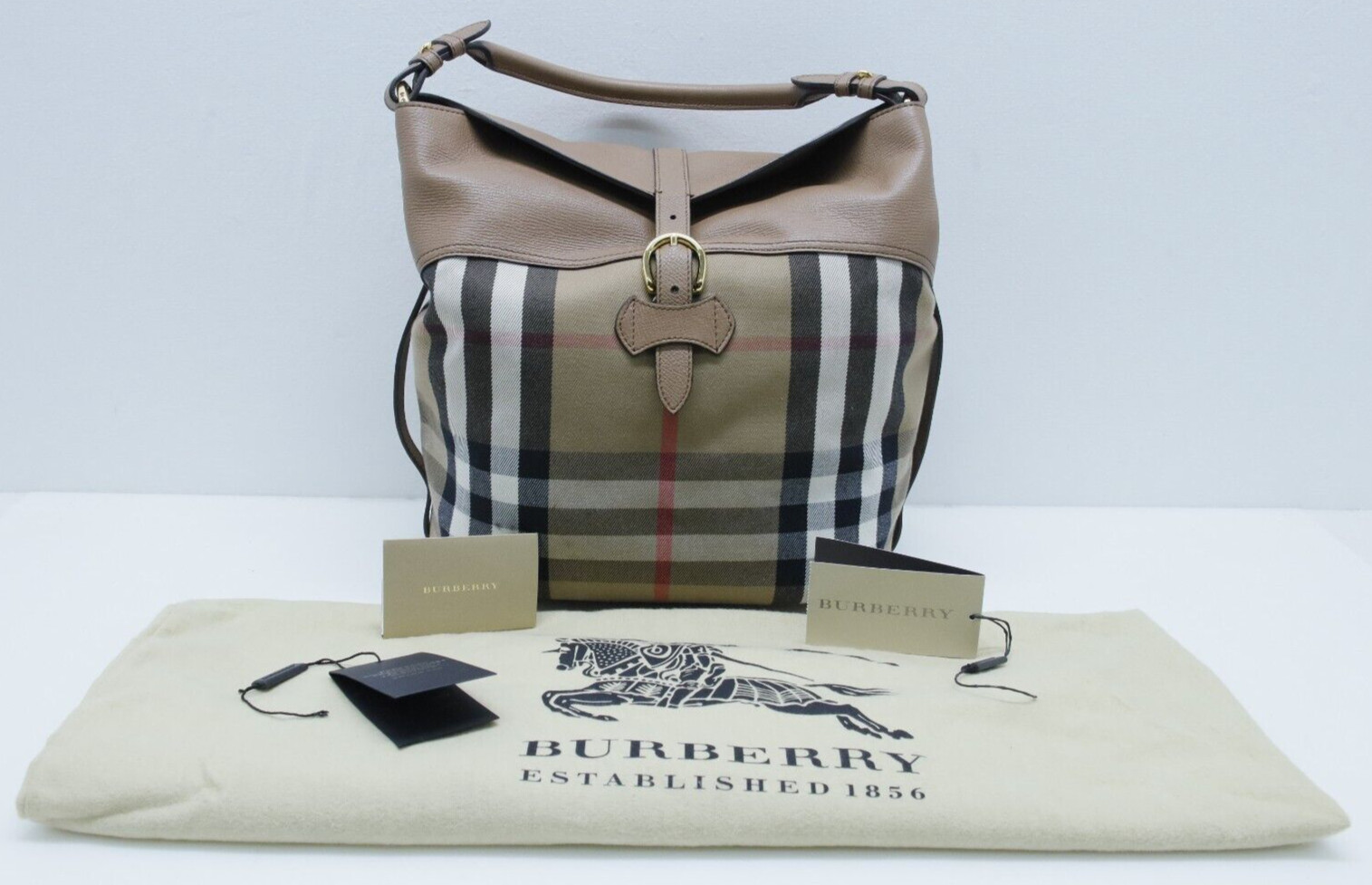 Burberry House Check Horseshoe Leather Medium Sycamore Hobo Bag (Dark Sand)
