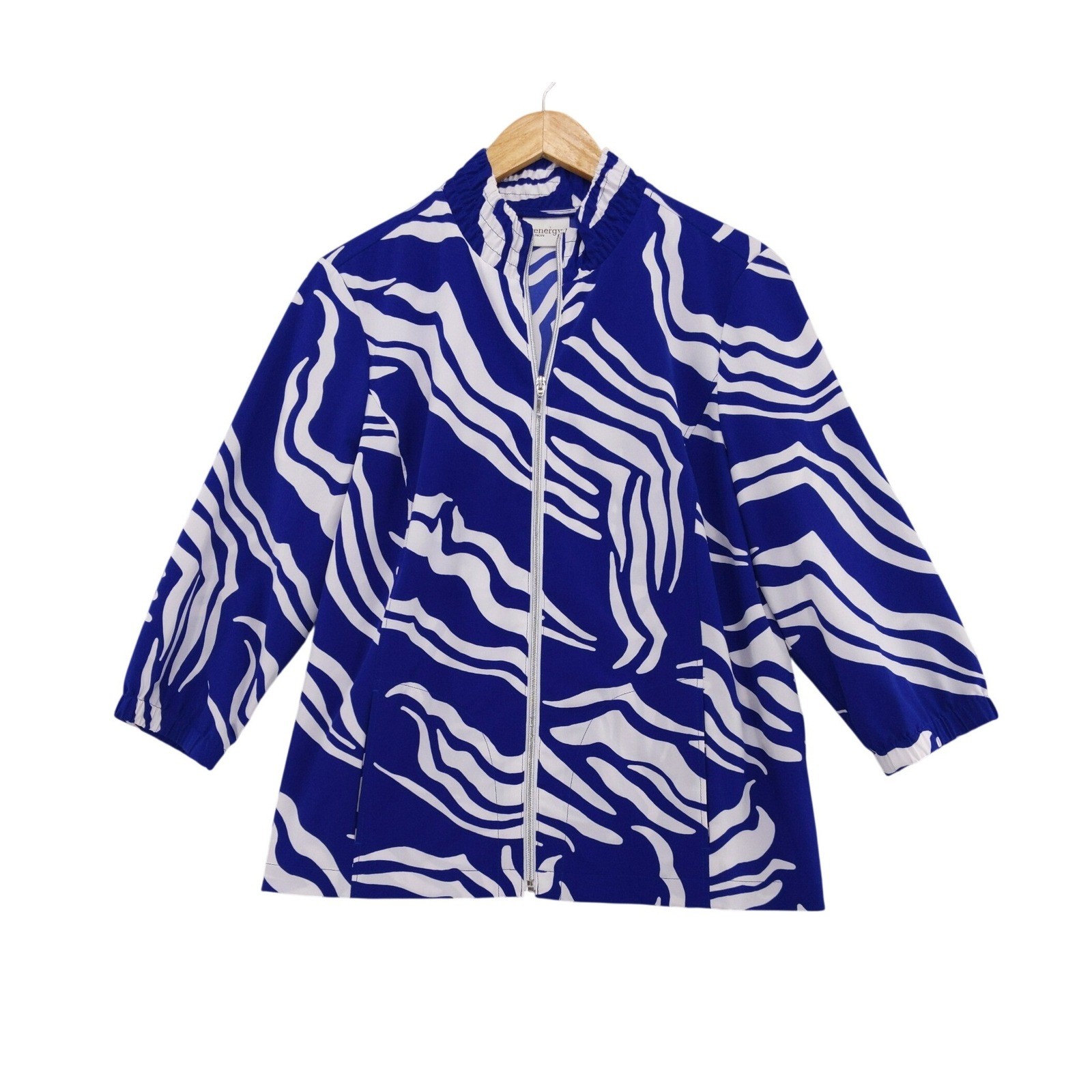 Chico\'s Zenergy Jacket Size 2 L Blue Zebra Print Full Zip Mock Neck