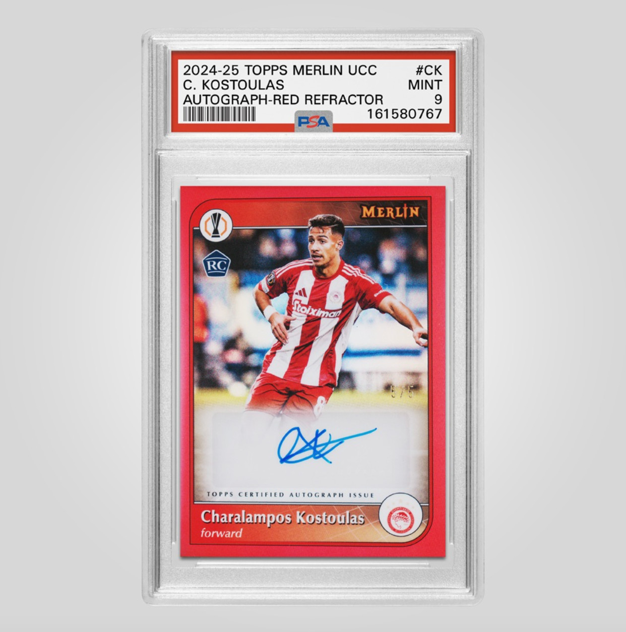 2024-25 Topps Merlin Chrome UEFA UCC Charalampos Kostoulas True Red RC Auto 5/5