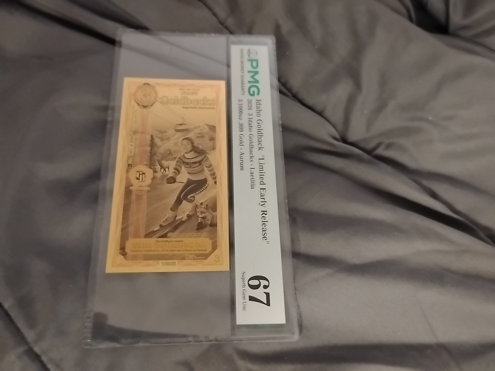 $3 IDAHO Limited Early Release PMG Graded-67 Goldback .999 Gold-Serial #401