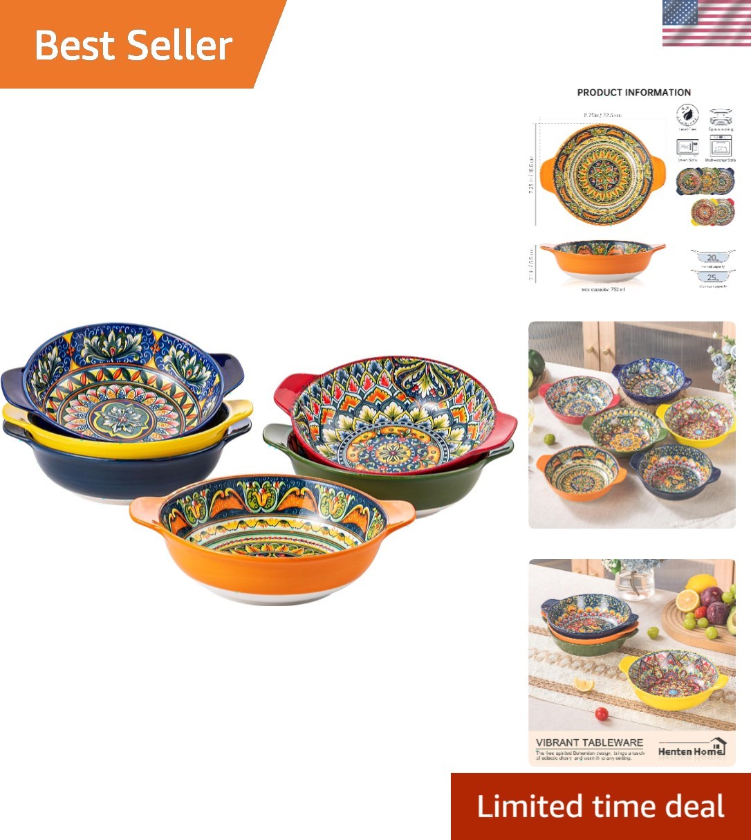 Set of 6 Bohemian Ceramic Pasta Bowls, 25 oz - Dishwasher & Microwave Safe