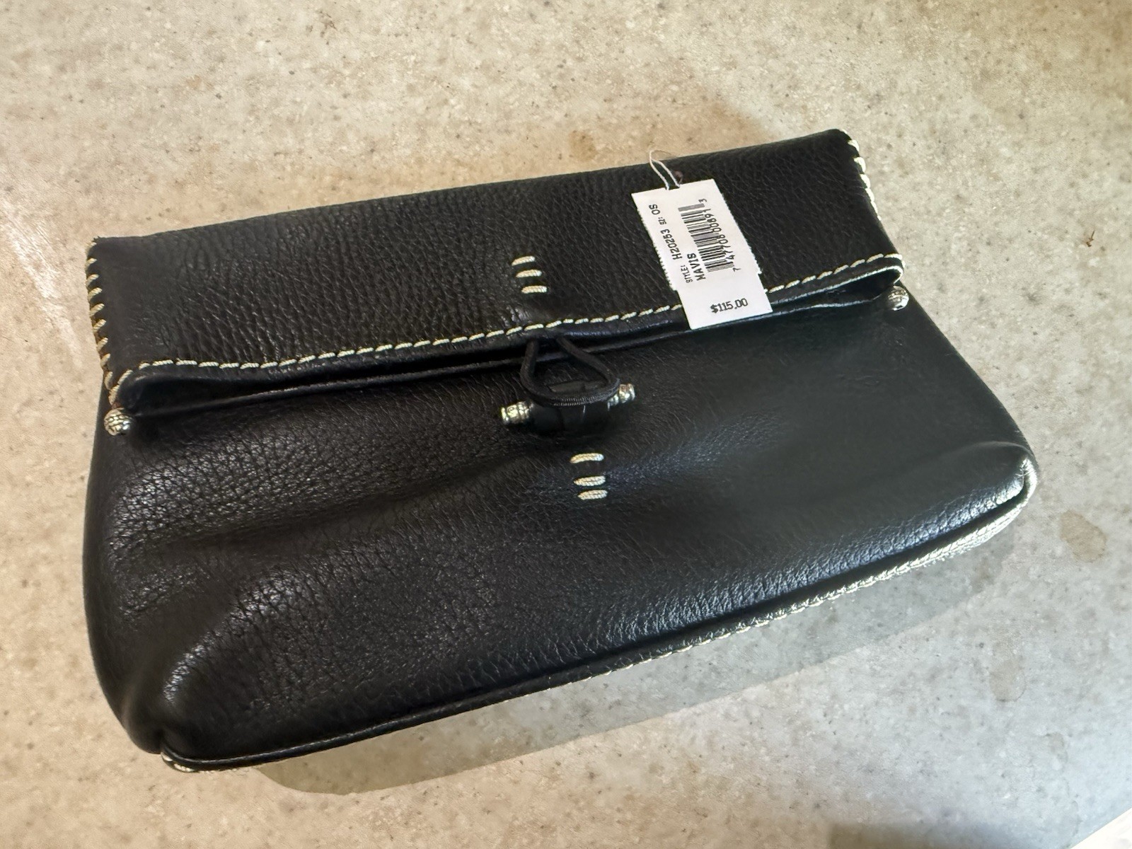 BRIGHTON Fold Over top Black Leather white stitching Small Purse Crossbody Bag BRIGHTON Fold Over top Black Leather white stitching Small Purse Crossbody Bag
