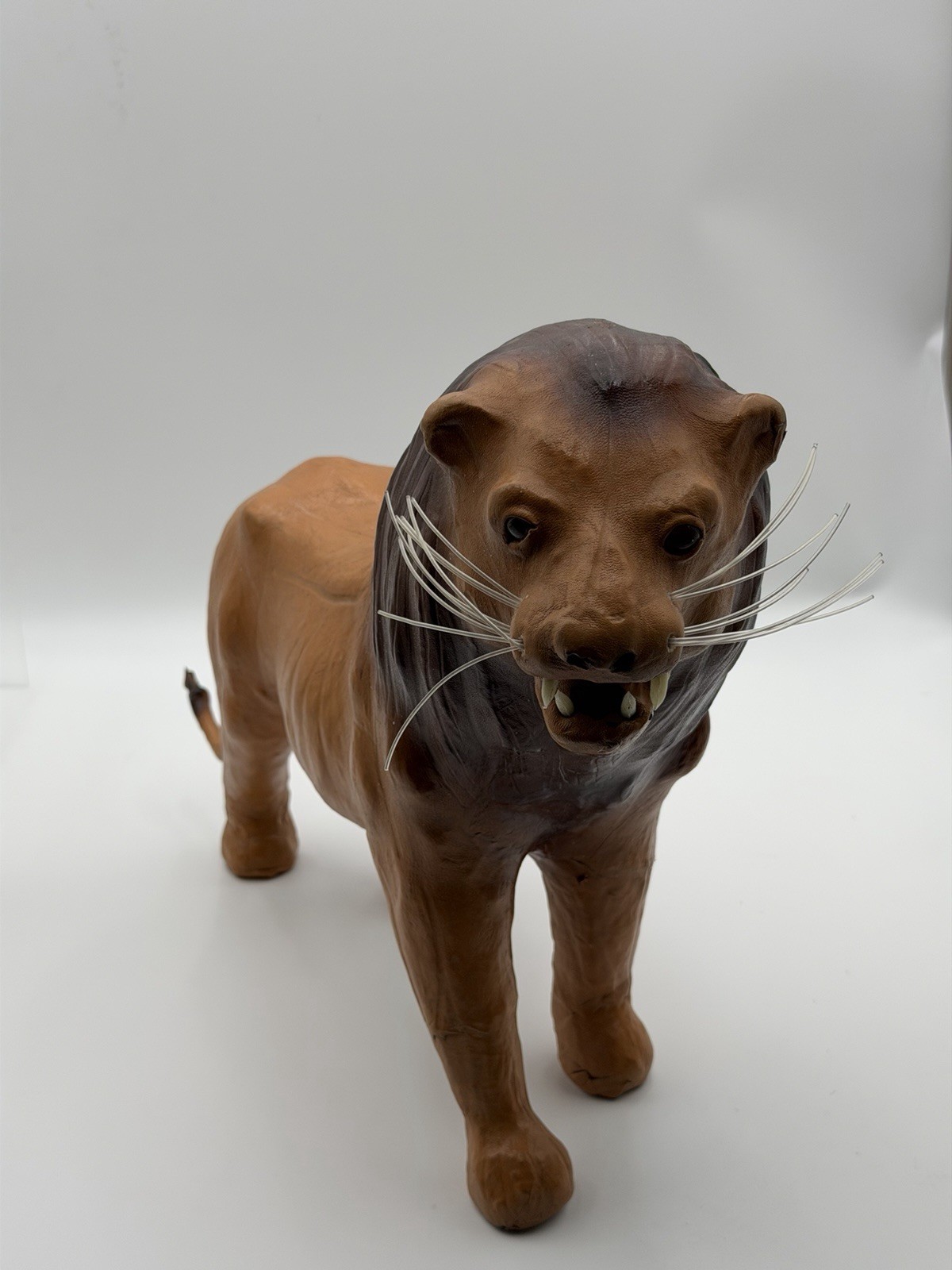 Vintage MCM Leather Wrapped Paper Mache Lion Figure Glass Eyes Nice 13”x17” BIG Vintage MCM Leather Wrapped Paper Mache Lion Figure Glass Eyes Nice 13”x17” BIG