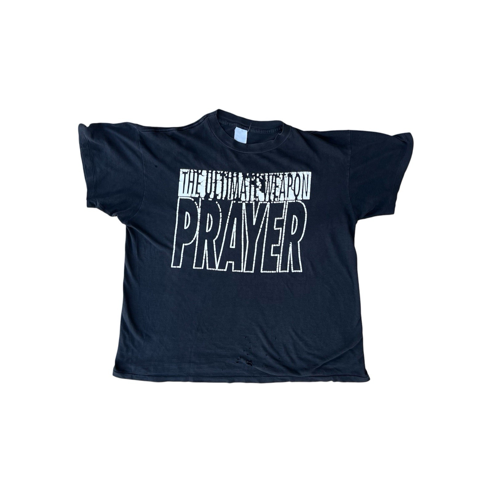 Vintage Faded Black Distressed Thrashed Boxy Prayer T-shirt Size L (22 x 25)