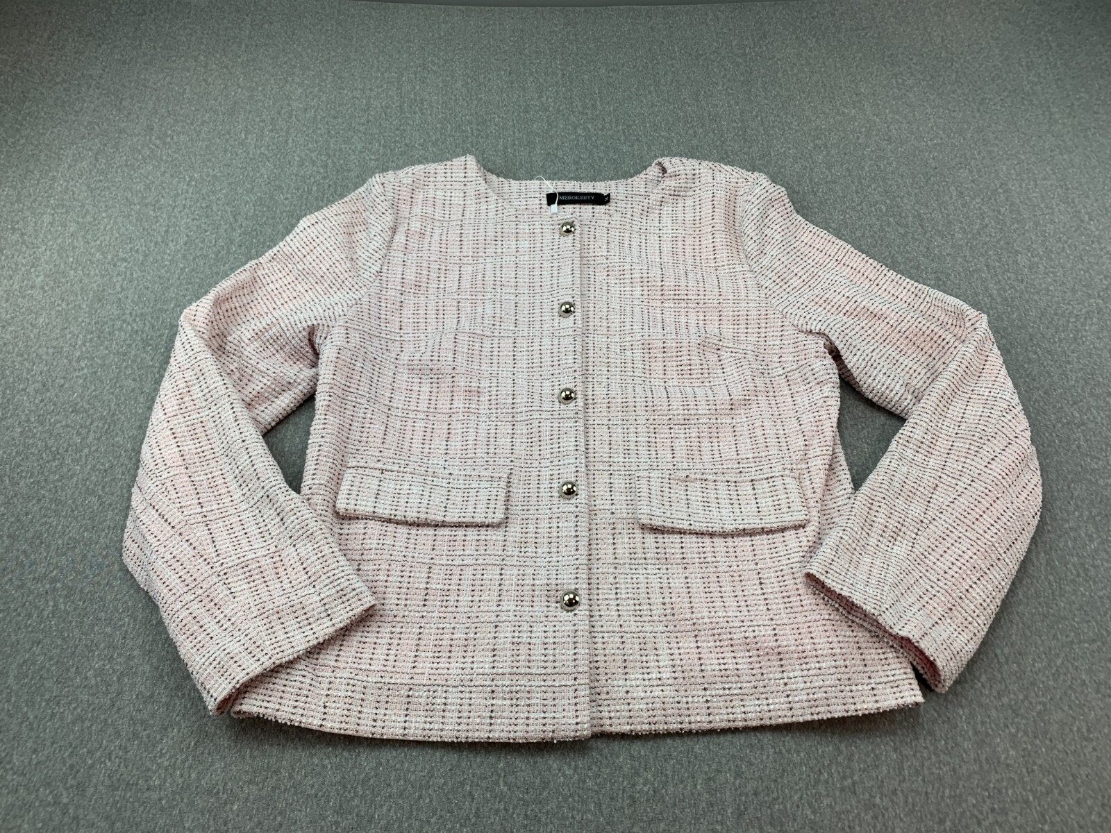 Merokeety Textured Knobby Knit Blazer Jacket Womens sz M Pink Brown Career Merokeety Textured Knobby Knit Blazer Jacket Womens sz M Pink Brown Career