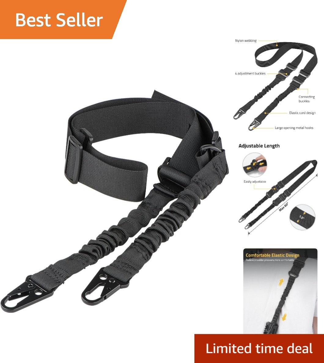 Lightweight Black Two Points Rifle Sling - Adjustable for All Outdoor Adventures
