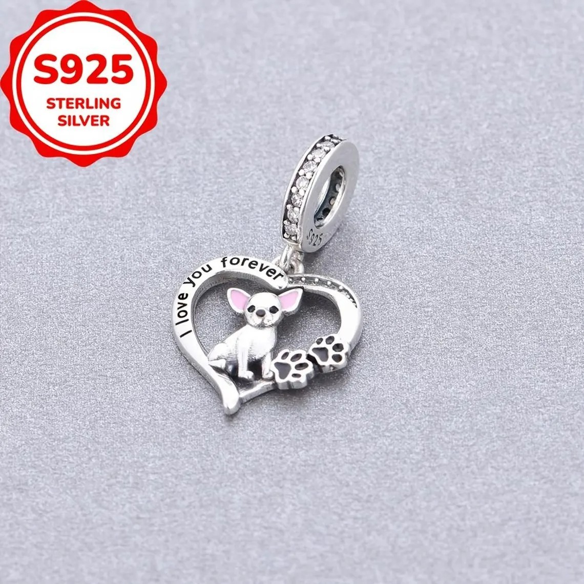 Chihuahua Dog Heart Sterling Silver Charm for Bracelet