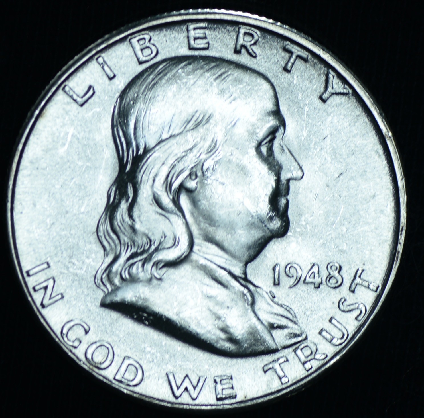 1948-D 50C Franklin Half Dollar BU Great Luster Eye Appeal Hit on Cheek ~ 26104 1948-D 50C Franklin Half Dollar BU Great Luster Eye Appeal Hit on Cheek ~ 26104