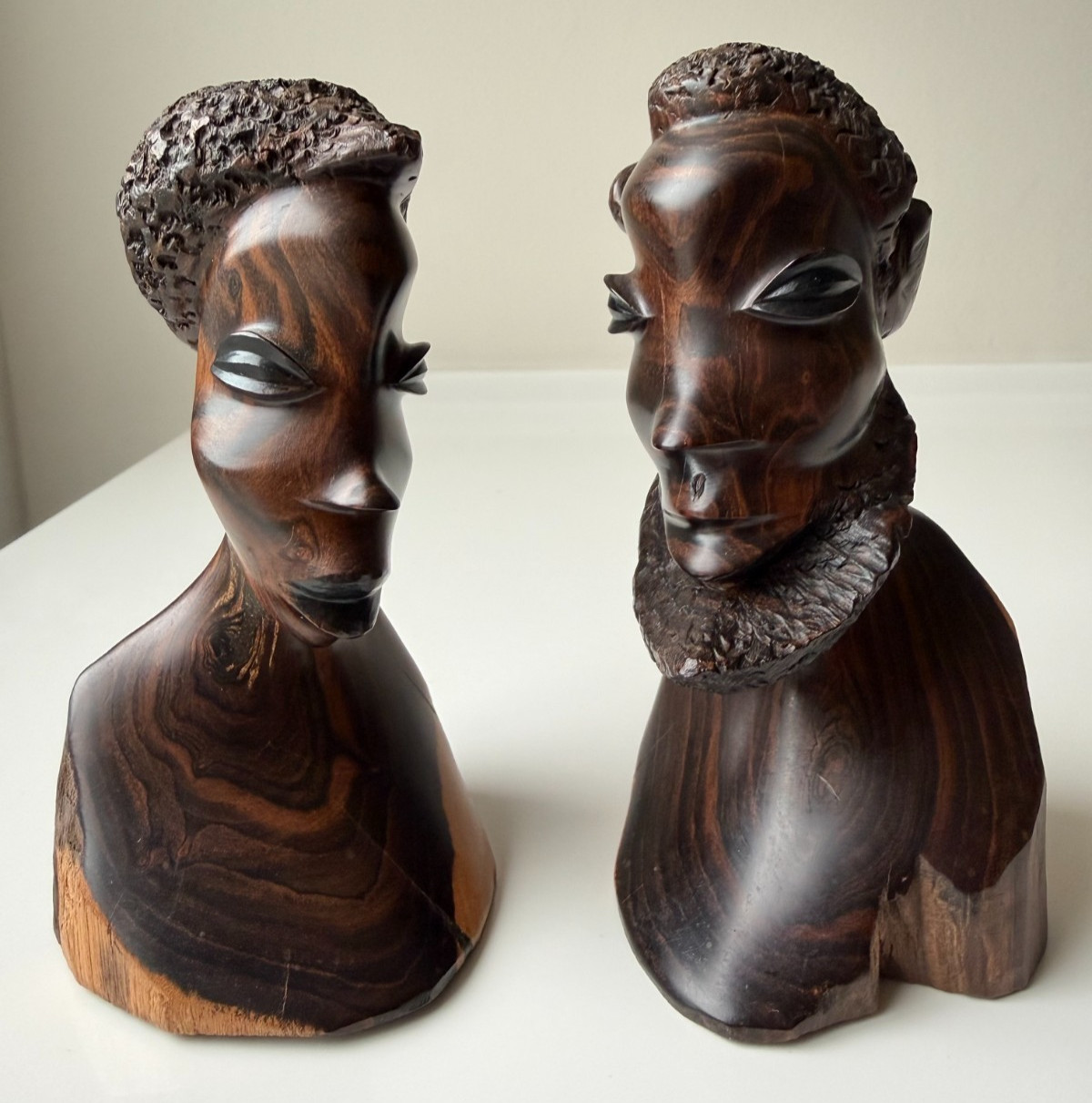 Vintage Pair African Beautifully Hand-Carved Ebony Wood Male & Female Busts 5