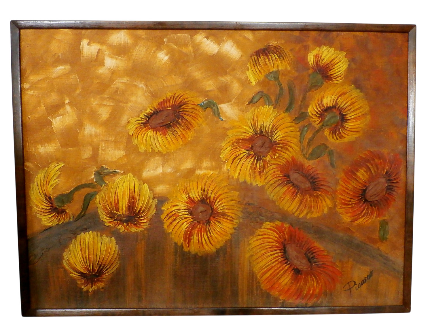 Vintage Mid Century Sunflowers Impasto Oil Painting - MCM - Wood Frame - 37 X 27