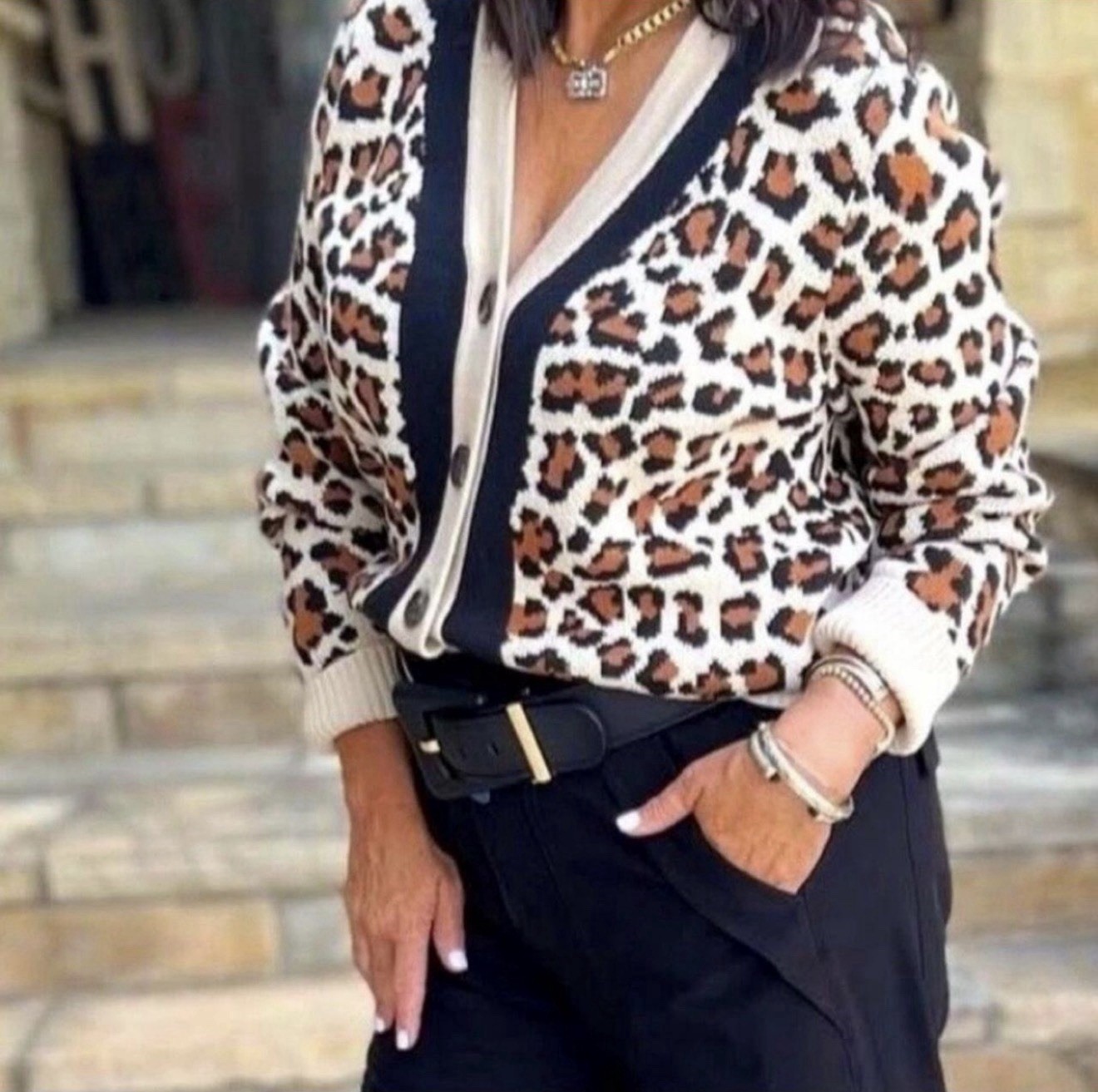 CAbi Nine Lives Cardigan Leopard Print Sz L Button Front Intarsia Knit Cozy Care