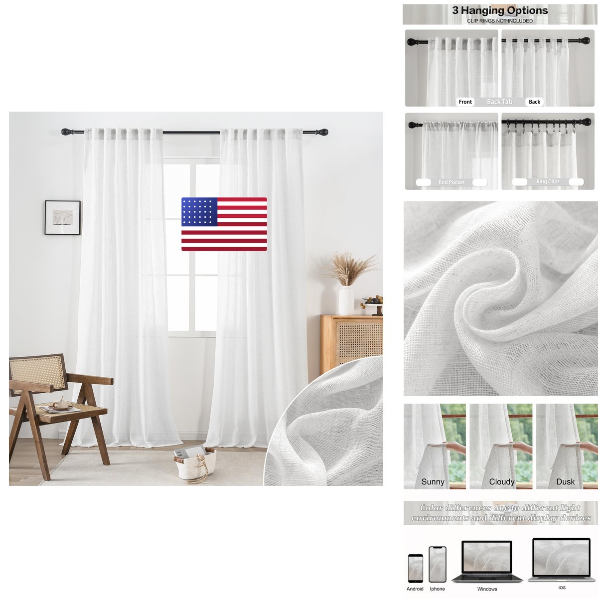 DUALIFE White Sheer Linen Curtains 52x96 Inch 2 Panel Back Tab Light Filtering DUALIFE White Sheer Linen Curtains 52x96 Inch 2 Panel Back Tab Light Filtering