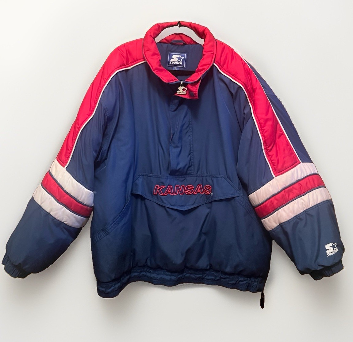 Vintage 90s Starter Kansas Jayhawks Puffer Jacket Mens XL Half Zip Pullover KU