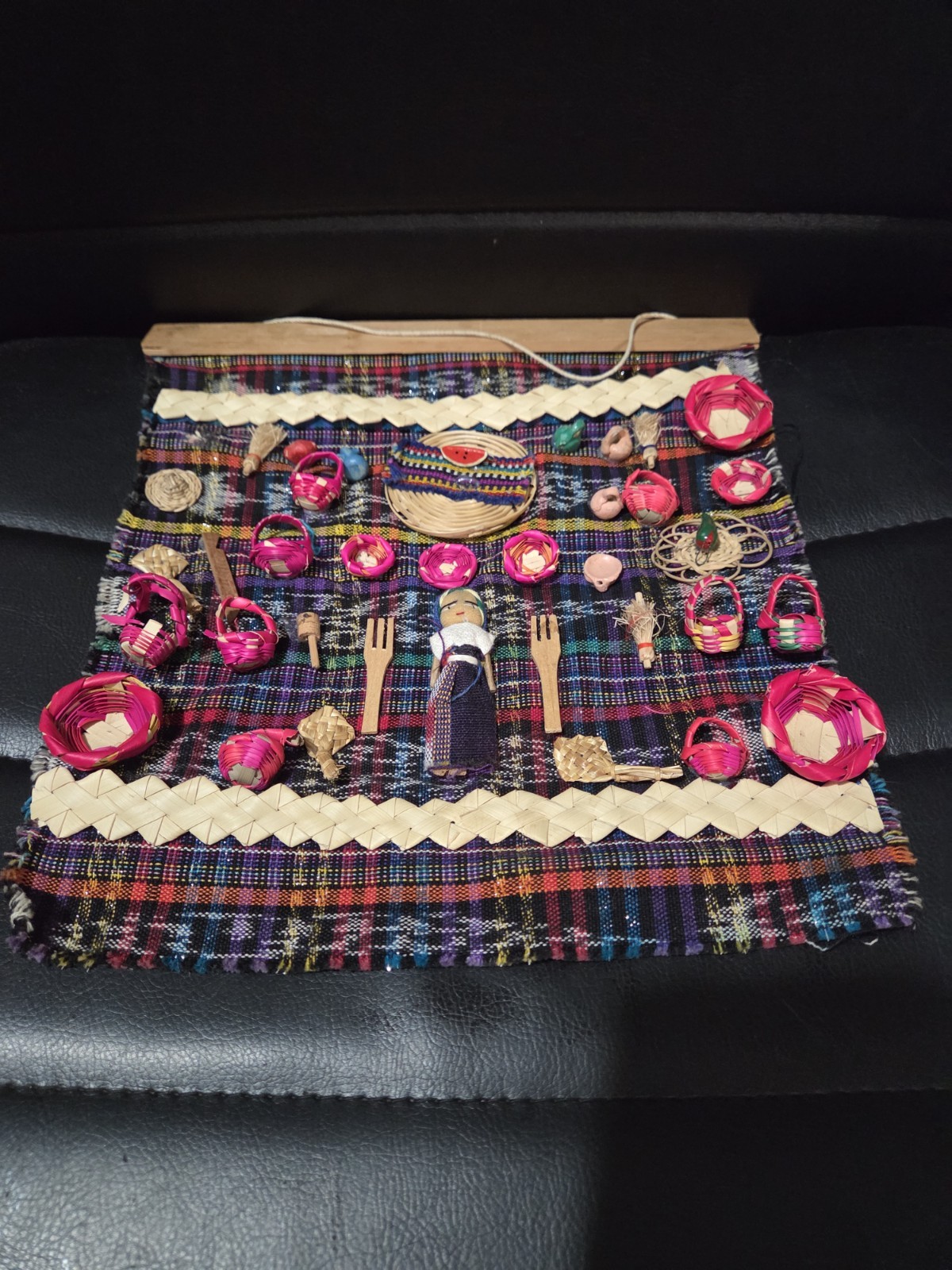 Vintage ARPILLERA Peruvian Folk Art Handmade Wall Tapestry Women Wood Baskets 3D