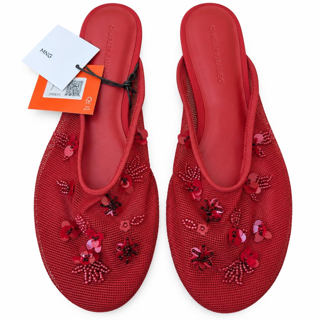 Siedres x Mango Womens Mesh Beaded Flats in Red EU38 UK5 US7