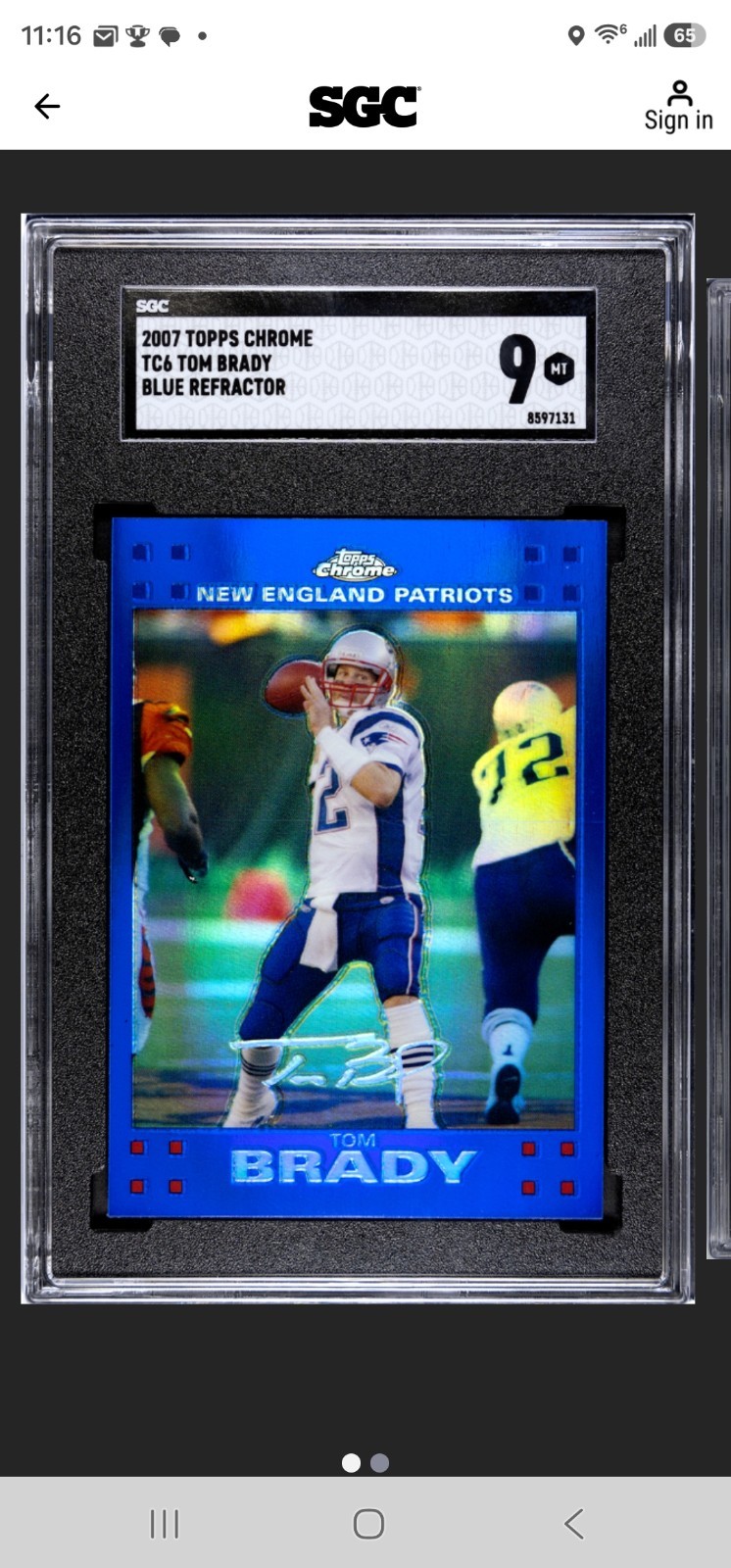 2007 Topps Chrome - Tom Brady #TC6 Blue Refractor Sgc 9 2007 Topps Chrome - Tom Brady #TC6 Blue Refractor Sgc 9
